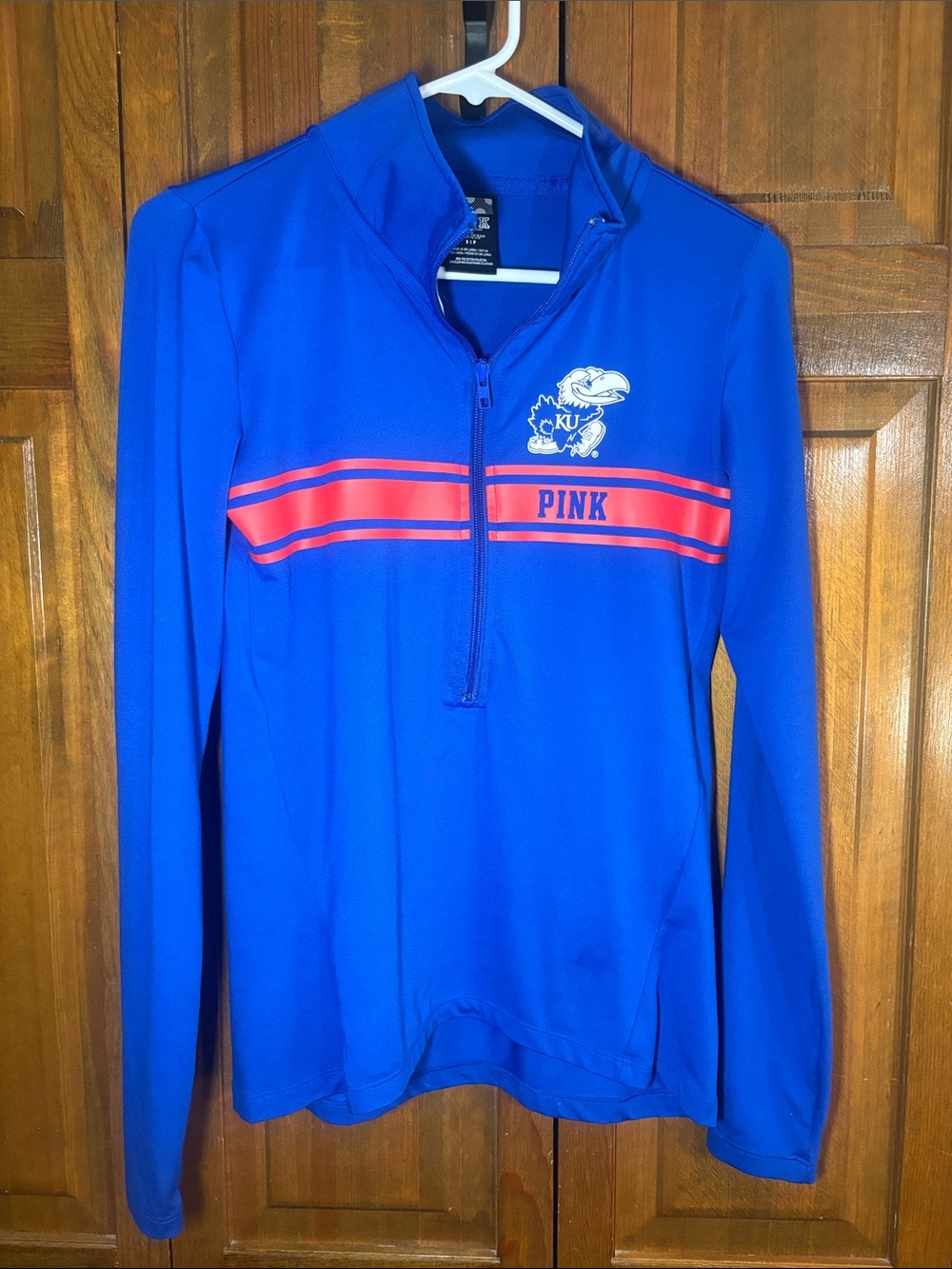 PINK Victoria's Secret KU Jayhawks Royal Blue Quarter-Zip with Red Stripes